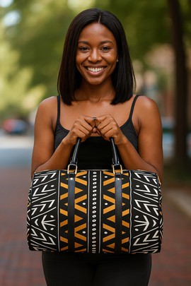 African Travel Bag Leather Cowrie Tribal Print