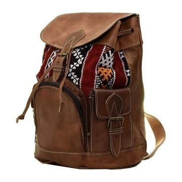 BIG SALE! Genuine Leather Backpack with Red Kilim Handmade by Cuiroma Craftsmen in Morocco