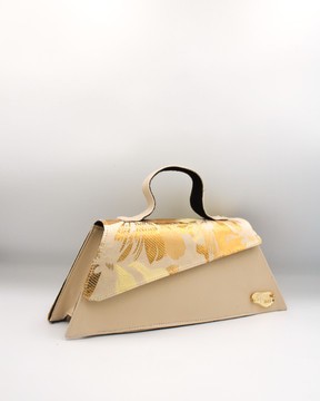 Cream Vegan Leather Handbag with Glittery Golden Renaissance Woven Accent