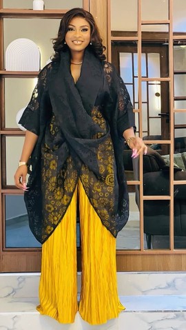Women’s Sheer Lace Kimono Top &amp; Pleated Palazzo Pants Set