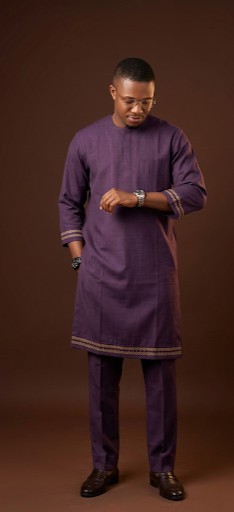 Deep Plum Senator Two-Piece — Men's Gold-Trim Kaftan Set