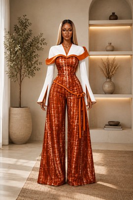 Combinaison femme à imprimé Adire avec blouse à manches cape – orange rouille et blanc