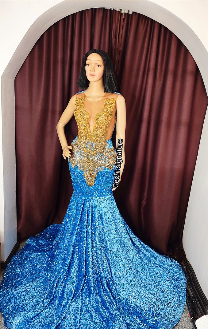 slim fit dress slacks Navy Blue Long Prom Dress with Gold Sequins main image 1
