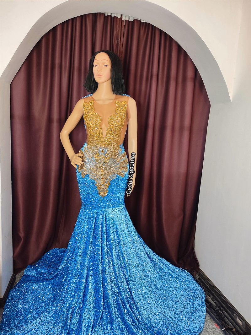 slim fit dress slacks Sequins Gold and Navy Blue Dress main image 1