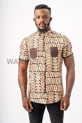Chemise Ankara brune avec poches plaquées, Vêtements hommes africain, Vêtements pour hommes africains, chemise Ankara