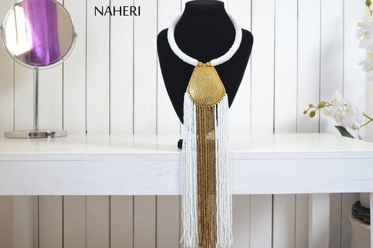 African beads white necklace | African tribal jewelry | Trendy fringe neck piece | Gift for her