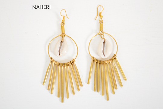 African inspired brass earrings handmade cowrie jewelry