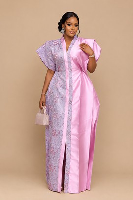 Pink Lace and Satin Aso-Oke Long Dress with Statement Sleeves