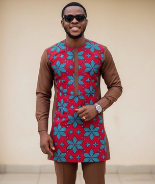 Men’s Designer Kaftan | Red Ankara Floral Print | Tailored African Wear