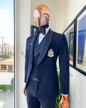 A Midnight Blue shawl lapel tuxedo suit
