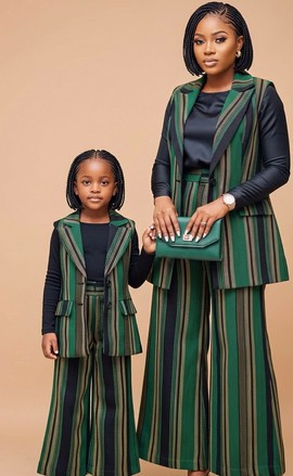 Luxury Mommy and Me Matching Outfit. Green Striped Vest &amp; Wide-Leg Pants Set for Mother and Daughter