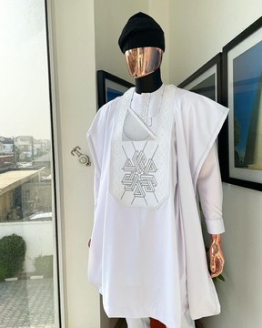 A White precision cloud &amp; anchor embroidery agbada, buba &amp; sokoto