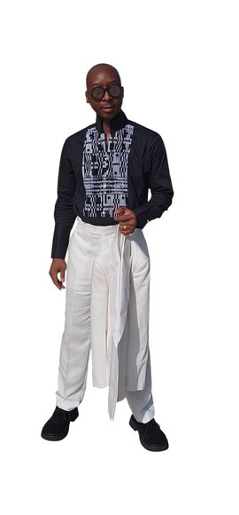 Black and White Pleated Panel Men's Shirt, Monochrome Pleated Bib Dress Shirt