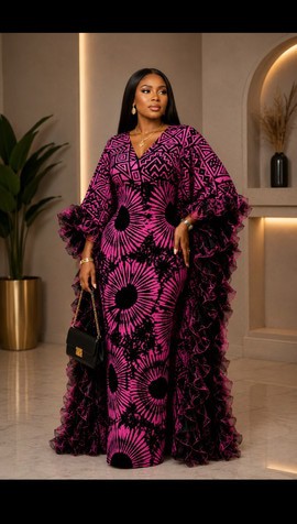 Women's Pink &amp; Black Ankara Print Maxi Dress with Ruffled Tulle Cape Sleeves
