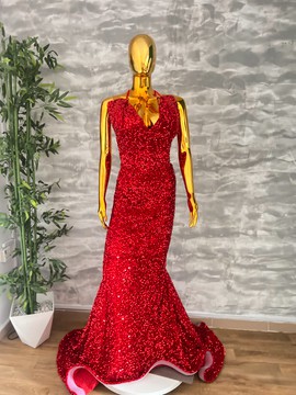 Red sequin dress,red prom dress,red dinner dress, red long birthday dress