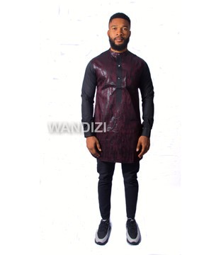 Black and Wine Red mix faux leather Half Collar Dress Shirt, African Men Shirt, Mens Clothing