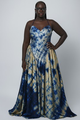 Robe Maxi à Bretelles Bleu et Beige – Mode Africaine Chic |