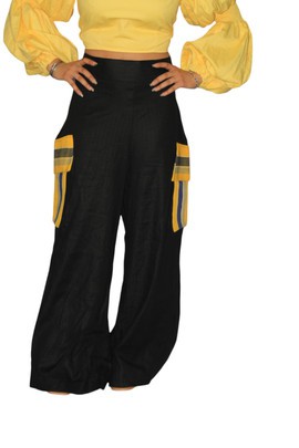 Wide Legged Pants with Side Patch Aso Oke Pockets, African Womens Pants