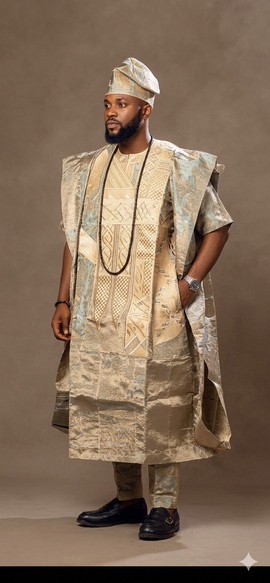 Luxurious Gold and Silver Aso Oke Agbada Ensemble
