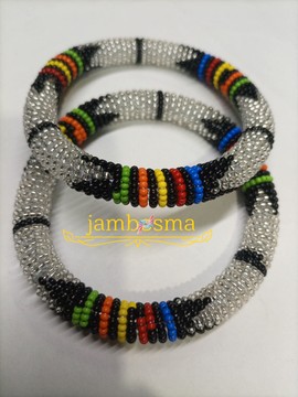 Set of two, silver and multi colored beaded Bracelet for women,Native masai Zulu bracelet