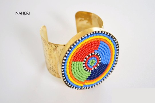 African brass cuff bracelet with beadwork handmade jewelry
