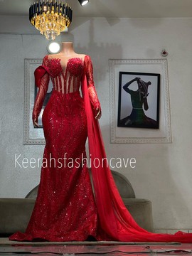 Red prom cape dress, prom gowns, engagement dress