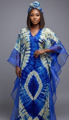 Stunning Blue Tie-Dye Kaftan Dress with Sheer Overlay – Effortlessly Stylish