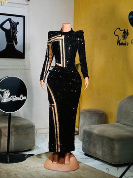 black sequin dress African women maxi gown, black dresses