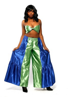 Two-tone Blue and Green Satin Wide Leg Ruffle Cropped Sleeveless Top and Palazzo Pant Set