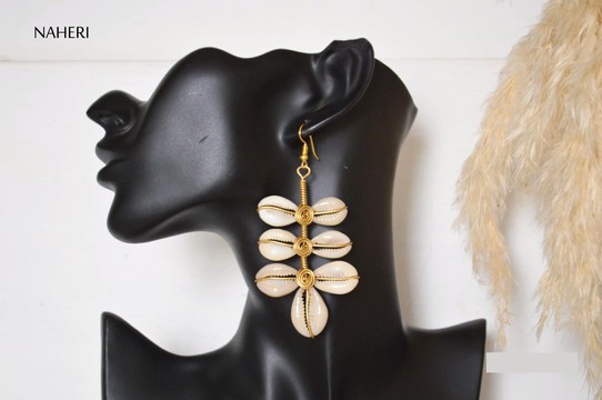 African cowrie shell and brass earrings