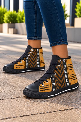 Colourful African Tribal Women's Classic High Top Canvas Shoes | Cowrie Print Sneakers