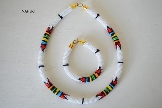 African Maasai Beaded Necklace | Zulu white necklace with matching bracelet