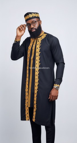 Kaftan pour homme brodé doré en trois pièces