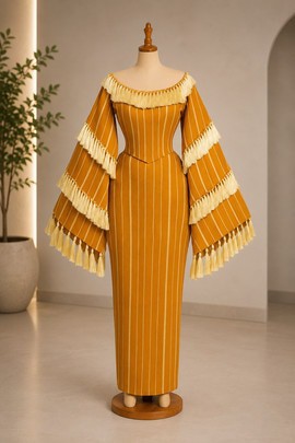 Robe longue en aso oke moutarde à fines rayures – Robe de soirée épaules dénudées à manches cloche ornées de franges à pompons