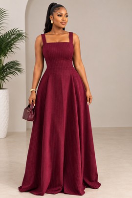 Women’s Burgundy Pinstripe Maxi Dress – Elegant Sleeveless Flared Long Gown