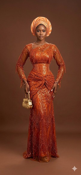 Robe corset orange brûlé richement brodée de perles, avec drapé noué sur les hanches