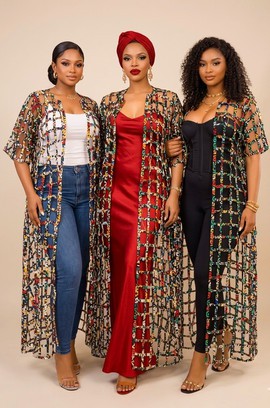 Elegant Sheer Geometric Kimono Cover-Ups — Long Lightweight African Print Duster for Women