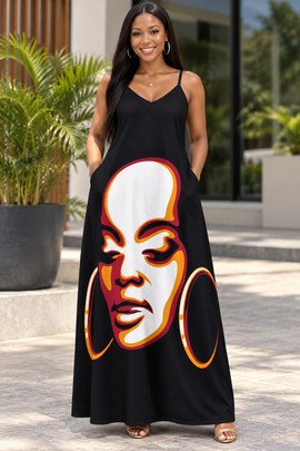 Robe longue élégante à col en V avec poches et imprimé de visage de femme africaine | Robe longue d’art africain