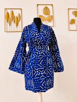 Kimono mi long en wax - Bogolan bleu