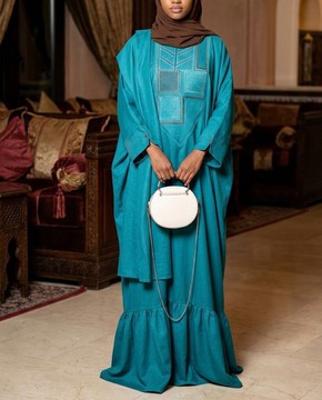 African Boubou Dress for Women "Diaa" Turquoise in Glazed Linen — With Scarf