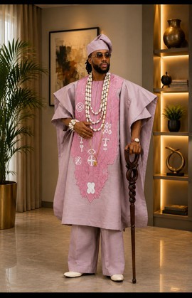 Men's Mauve Aso Oke Agbada Set – Symbolic Embroidered Robe with Matching Cap