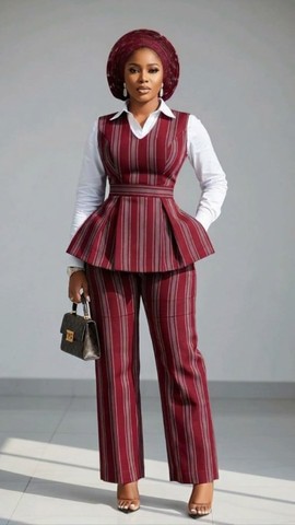 Ensemble femme haut péplum rayé bordeaux et pantalon | Style Aso Oke
