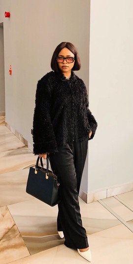 A straight animal hair wool crop free jacket and palazzo black pant. Best seller