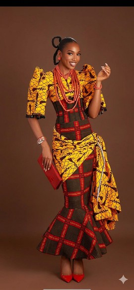 Vibrant Yellow and Plaid Mixed-Print Traditional Bridal Attire