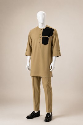 Tenue sénateur kaki pour homme avec empiècement noir – Tenue traditionnelle 2 pièces (haut et pantalon)