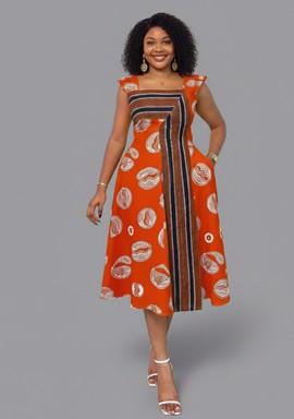 Women's Sleeveless Ankara Midi Dress – Orange African Print A-Line Dress with Bold Pattern