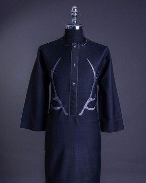 A charcoal black, Front flap, deer 🦌 horn embroidery, clear view Swarovski buttons kaftan