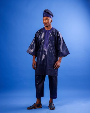 A navy blue, arewa embroidery details, 3/4-sleeve African senator kaftan native.