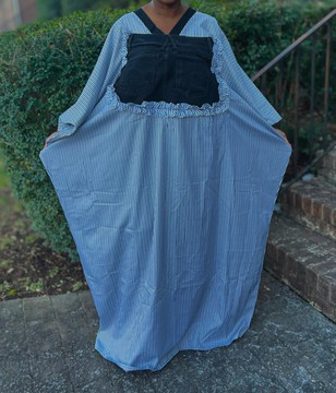 Blue and White Striped Print Oversized Maxi Kaftan Dress with Upcycled Denim Accents