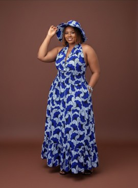 Halter-Neck Maxi Dress with Matching Bucket Hat